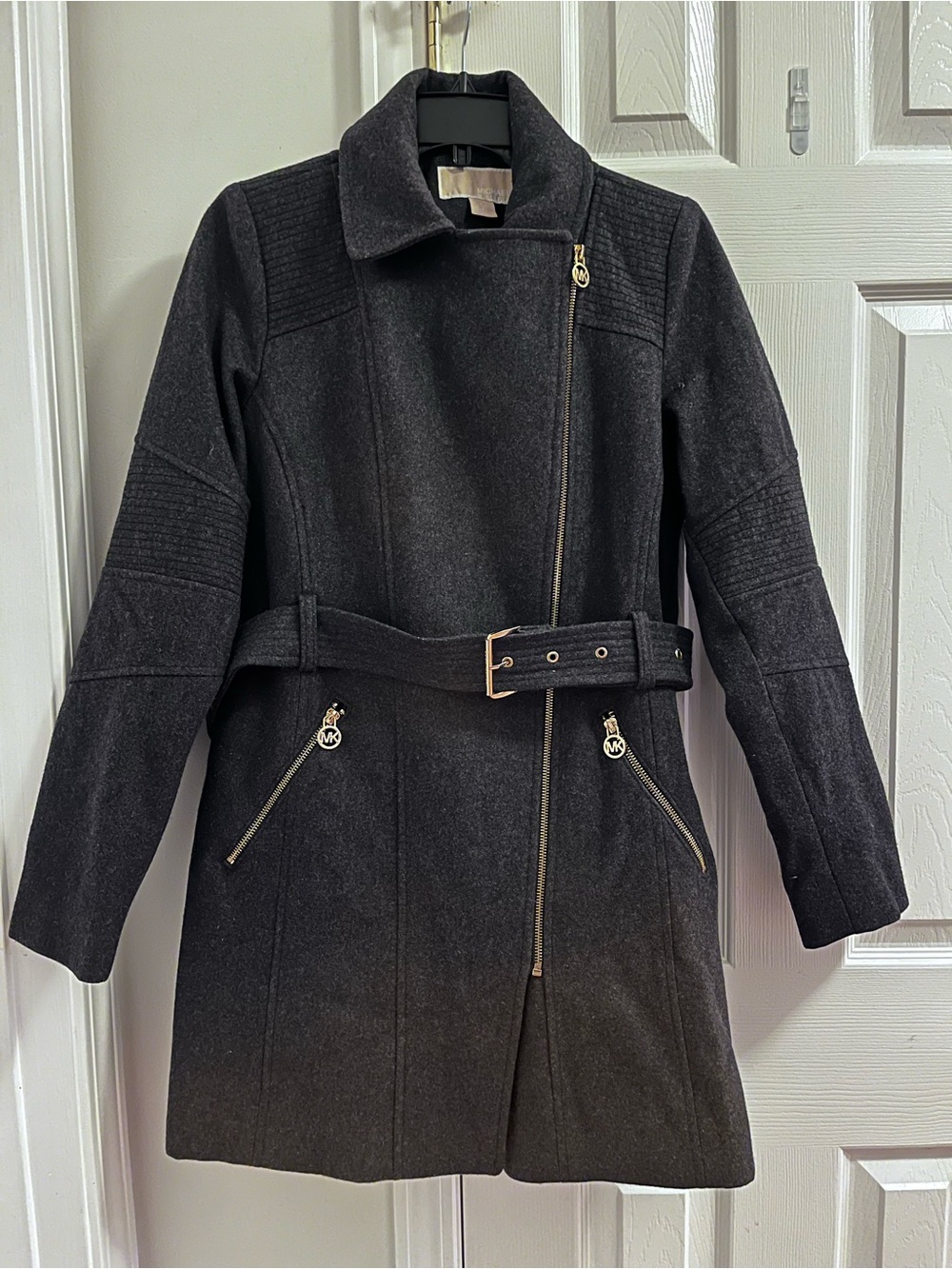 Michael Kors Belted Wool Blend Coat Black Asymmetrical Zip Designer Jacket Sz S